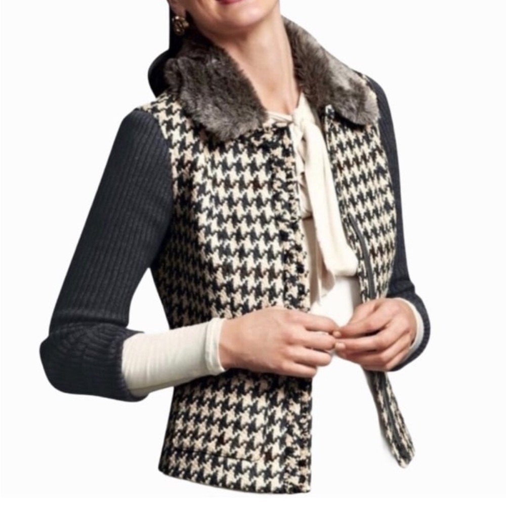 CAbi Women's Houndstooth Jacket with Faux Fur Collar